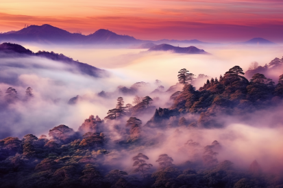 A foggy mountain range with trees and hills