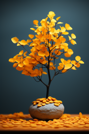A tree with yellow leaves on top of a rock