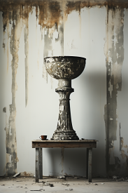 A large stone pedestal with a cup on a table