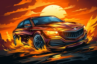 a car on fire with the sun in the background