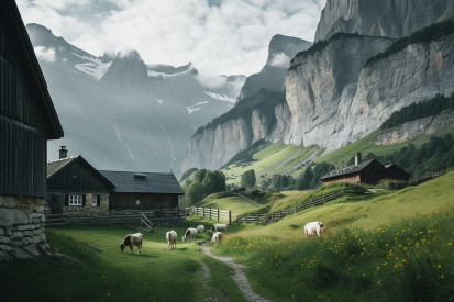 A group of animals grazing in a grassy field next to a house