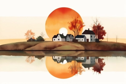A watercolor painting of a village and a sunset