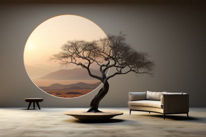 A tree in a room with a couch and a window