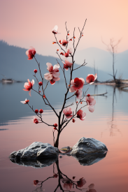 A tree with flowers growing out of rocks in water