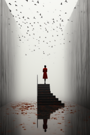 A person standing on stairs in a room with birds flying in the sky