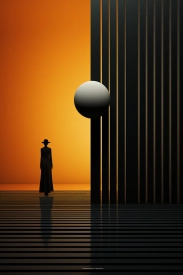 A person standing in front of a wall with a sphere