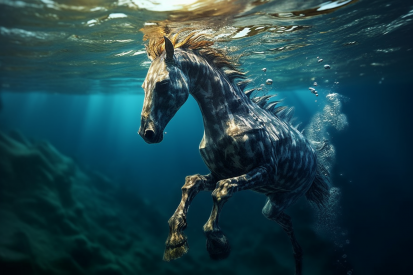 A horse swimming under water