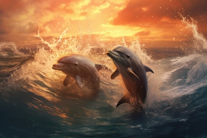 Two dolphins jumping out of the water