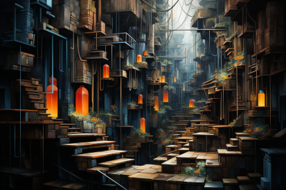 A city with stairs and lanterns
