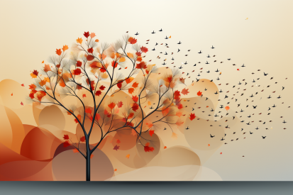 A tree with orange leaves and birds flying