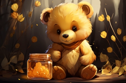a cartoon of a teddy bear sitting next to a jar of orange balls