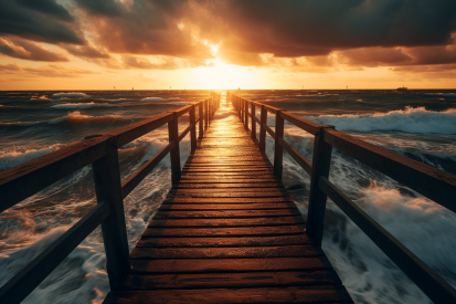 A wooden bridge leading to the ocean