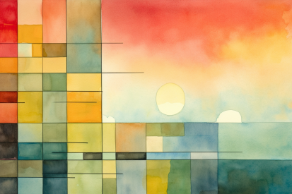 A watercolor painting of a sun and squares