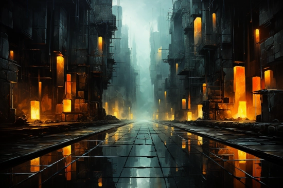 A city street with buildings and lights