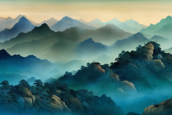 A painting of mountains and fog