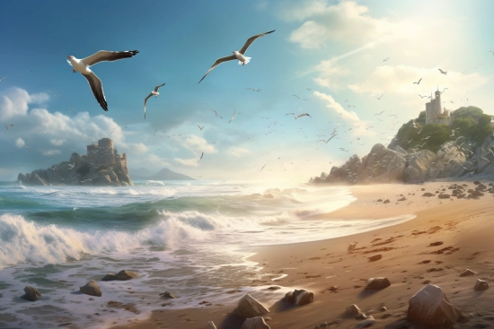 A beach with waves and birds flying over it