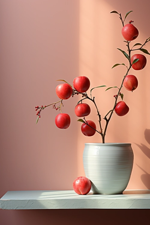 A plant with apples in a vase