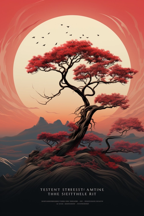 A tree with red leaves on a hill