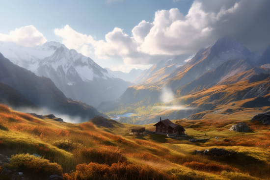 A house in a valley with mountains and snow