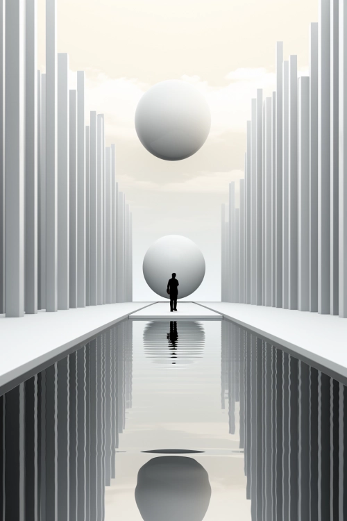 A man standing in a white room with white columns and a large ball above it