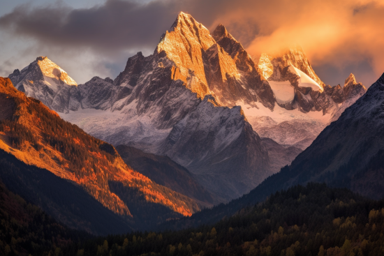A mountain range with trees and clouds