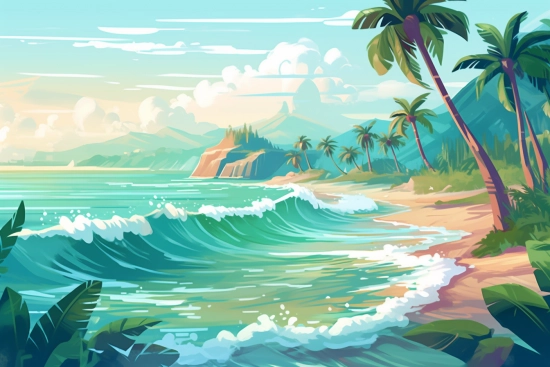 A beach with palm trees and waves
