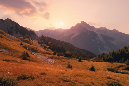 A mountain range with trees and a sunset