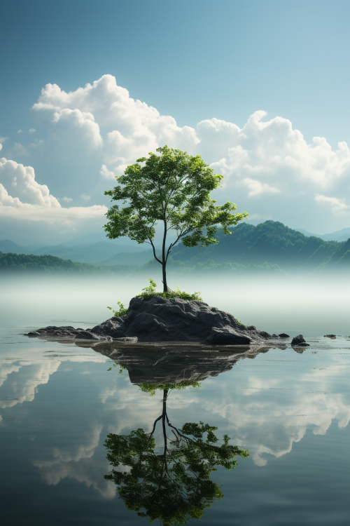 A tree on a small island in water