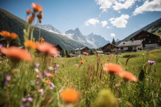 A field of flowers with mountains in the background