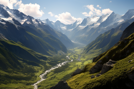 A valley with a river and mountains