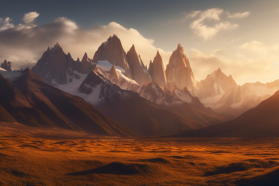 A landscape of mountains and a field with fitz roy in the background