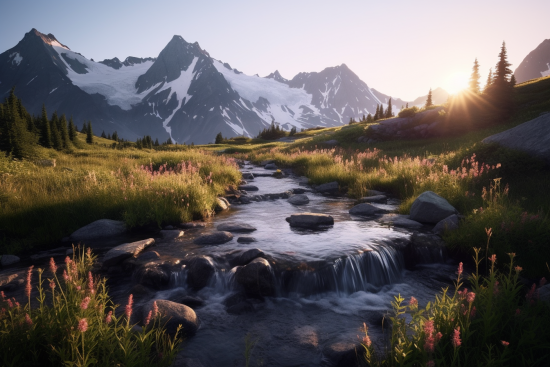 A stream running through a valley with flowers and mountains in the background