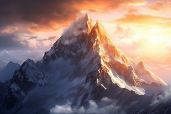 A mountain with clouds and sun