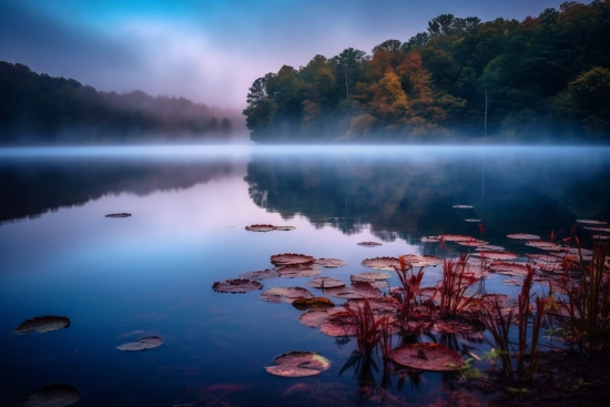 A lake with lily pads and trees in the background