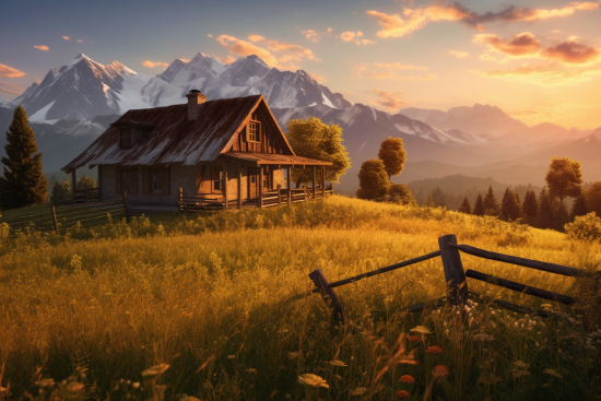 A house in a field with mountains in the background