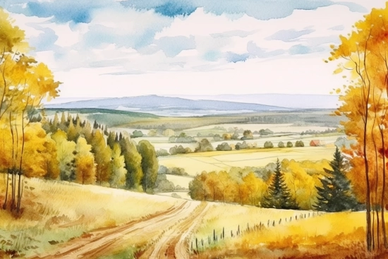 A watercolor of a landscape with trees and a dirt road