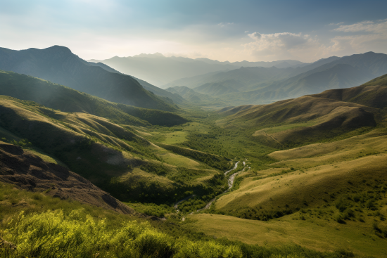 A valley with green hills and mountains in the background