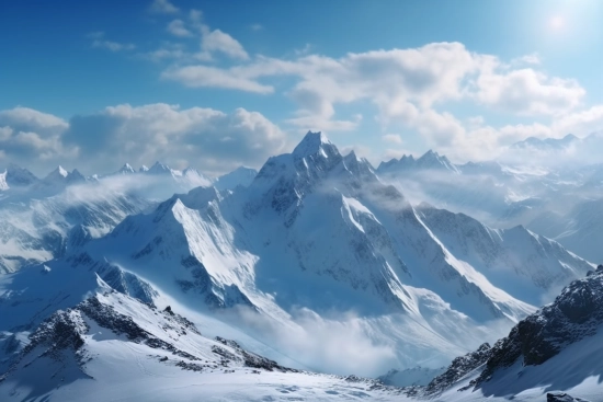 A snowy mountain range with clouds