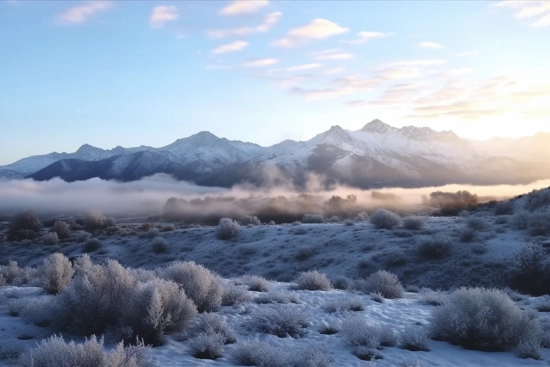 A snowy landscape with mountains in the background