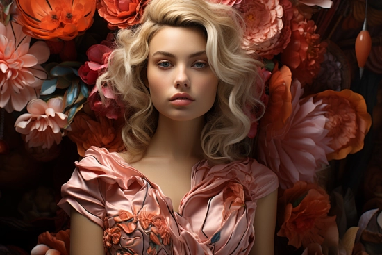 a woman posing in front of flowers