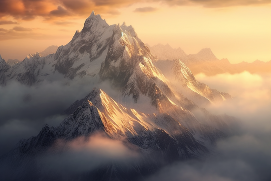 A mountain range with clouds and sun shining through