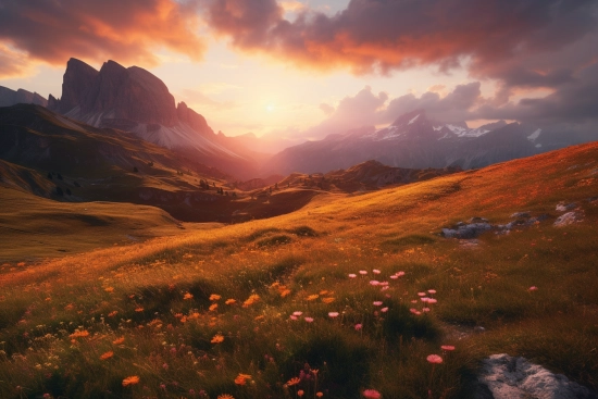A field of flowers with mountains in the background