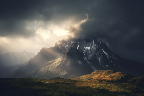 A mountain with snow and clouds