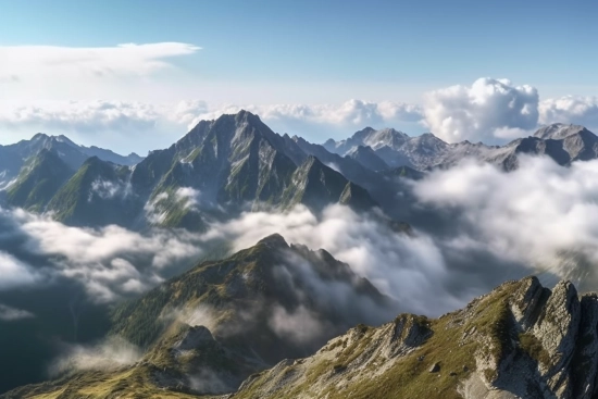 A mountain range with clouds
