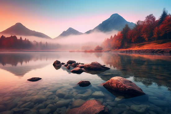 A lake with rocks and trees in the background