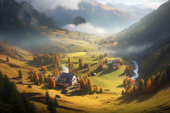 A house on a green valley with trees and mountains