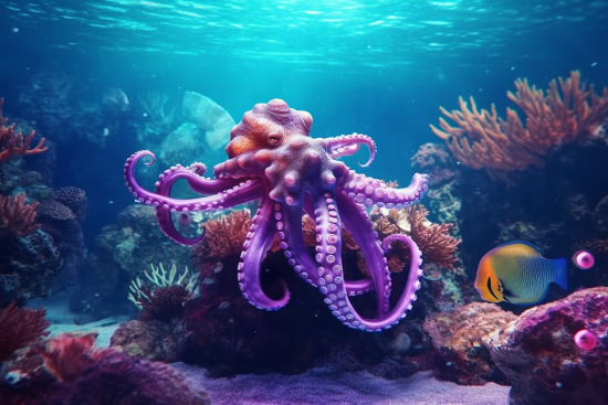 A purple octopus and a fish in the water