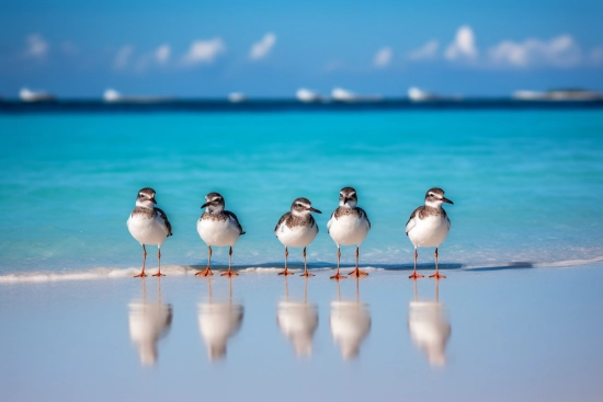 A group of birds standing on the beach