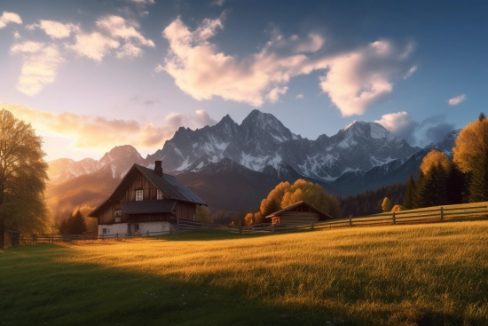 A house in a field with mountains in the background