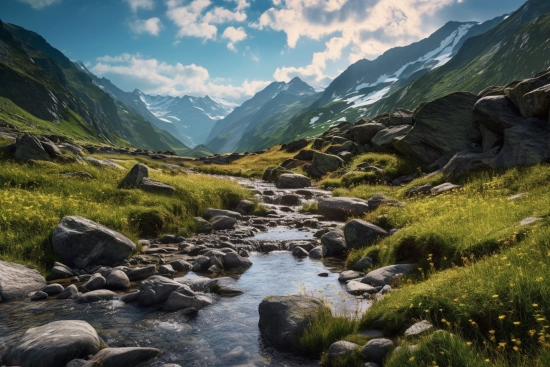 A stream of water in a valley with mountains and snow